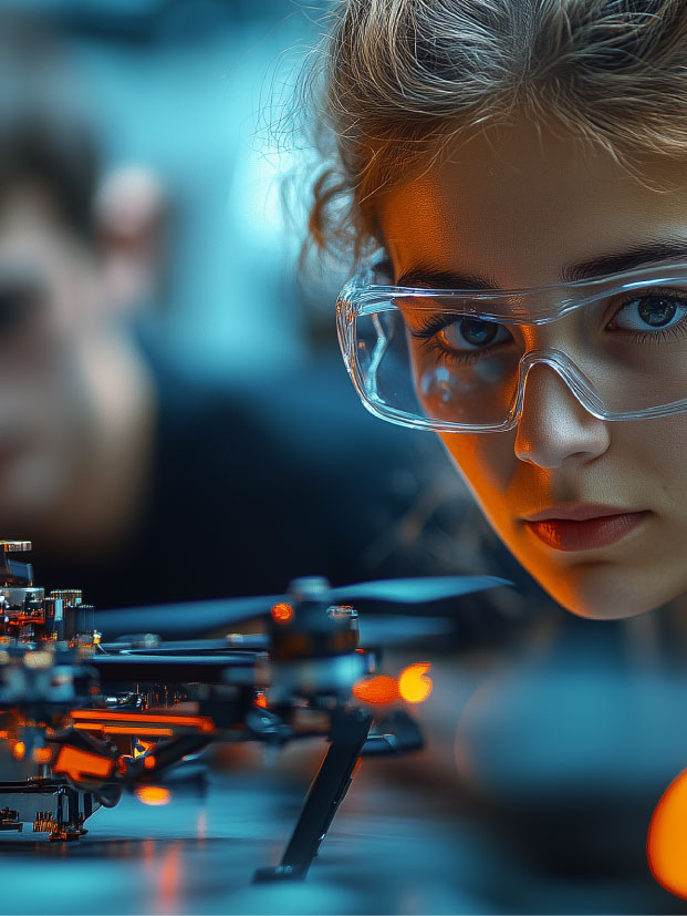 accueil_image1_aviation-connection Jeune étudiante du secondaire avec lunettes de protection devant un drone au programme STIM d'Aviation Connection.